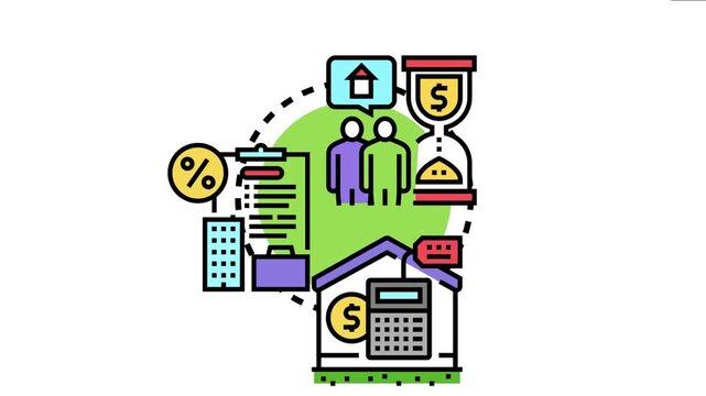 Borrower default likelihood predicting financial credit risk for potential real estate mortgage loans, with people, hourglass, money, documents, and a house icon
