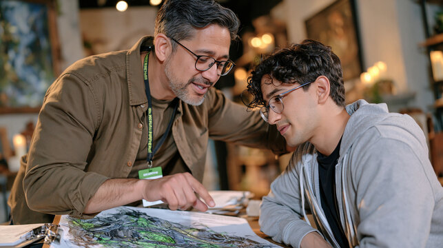 An escape room host peers over a guest's shoulder in candlelit amber light as the guest examines a locked mechanism the host's lanyard badge and clipboard visible while other puzzles remain unsolved
