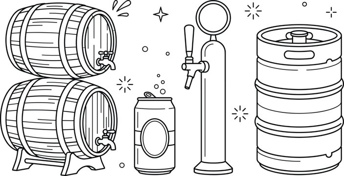 Beer brewing equipment vector icon set featuring wooden barrels aluminum can draft tap dispenser and metal keg outline