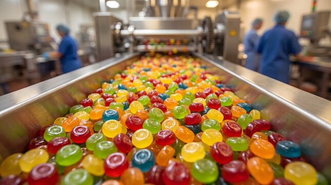 Industrial gummy candy production line manufacturing colorful sugar treats.