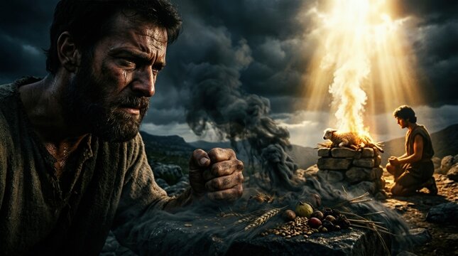 Primordial sibling sacrifice: Cain reject, Abel accept, Bible narrative, religion parable, human sin, divine judgment, spiritual conflict.