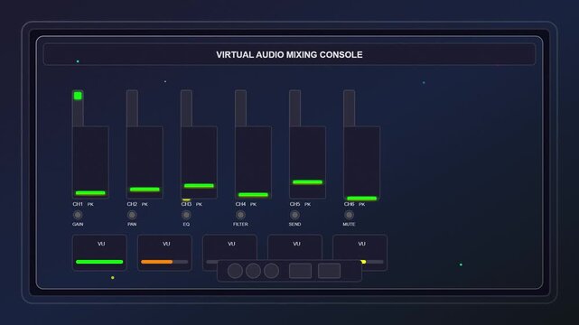Modern Virtual Audio Mixing Console with Color-Coded Channel Sliders