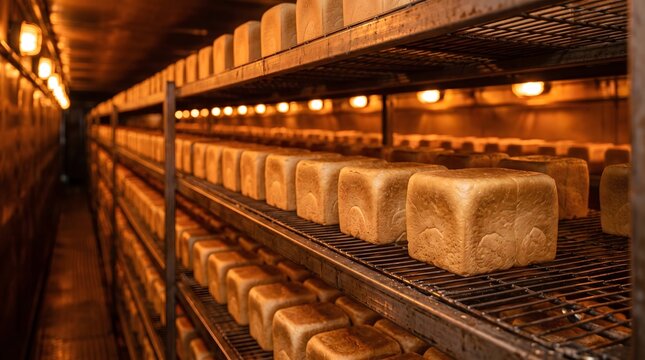 Loaves of bread on shelves in bakery storage.