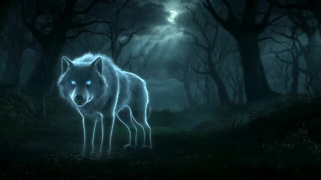 Tracking shot spectral wolf approaching through misty moonlit forest with slow eerie movement and glowing blue eyes