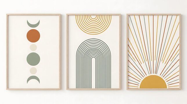 Modern abstract art triptych with boho sun and moon phases.