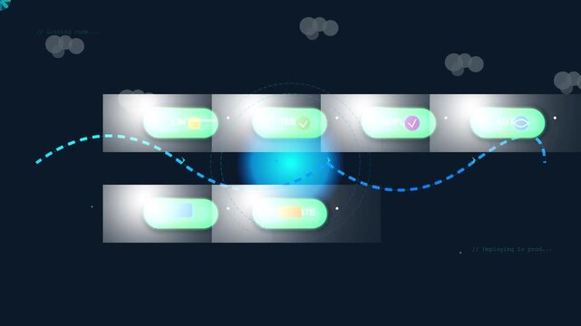 Modern CI/CD Pipeline Process with Glowing Digital Icons and Cloud Background