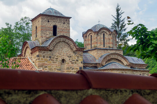 Medieval monastery (14th century) Poganovo in the valley of the Jerma River- view over the outer wall. Adobe RGB color profile. Real photo.