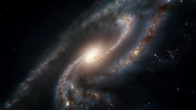 Slow motion spiral galaxy rotation revealing luminous core and winding dust lanes in deep space panorama, gradual camera dolly and slight pan across scene