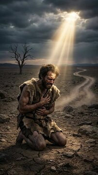 Ancient brother's anguish: Cain suffer, Abel memory, Bible narrative, religious theme, divine light, human guilt, barren land, primal sin, spiritual burden, creator judgment.