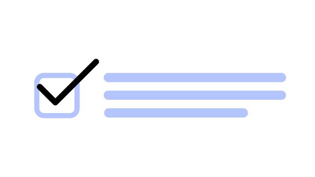An animation of a check mark inside a square box, symbolizing successful completion or selection, accompanied by a line of placeholder text for a digital interface.