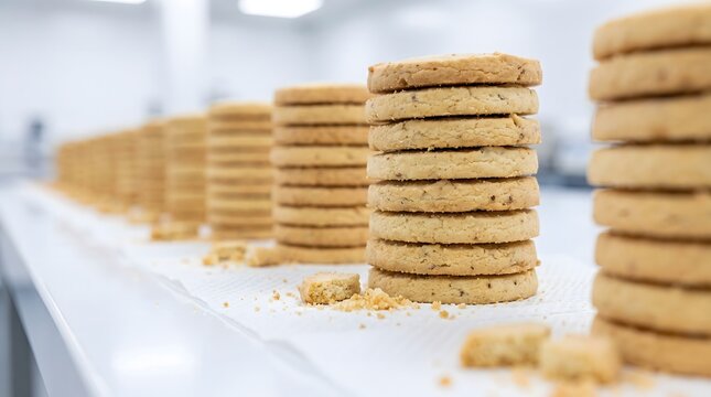 Round cookies stacked in long rows on white paper inside modern factory.