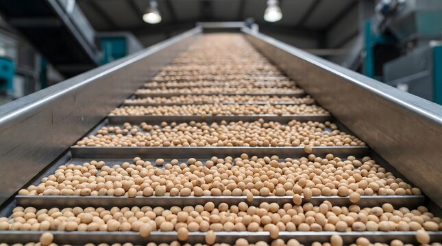 Soybean beans processing on industrial conveyor belt inside large plant.
