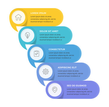 Business infographic template with five speech bubble shapes, featuring vertical sequence for data visualization, process management, and workflow