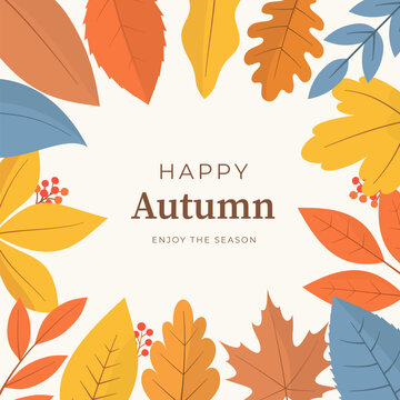 Horizontal autumn banner with frame of stylized autumn leaves and branches, symbolizing seasonal change and nature warmth