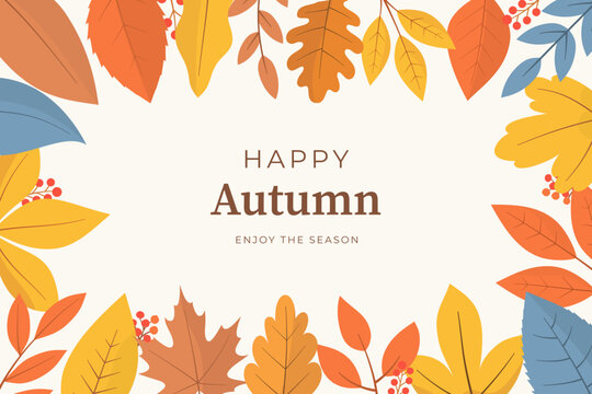 Happy Autumn greeting card with fall leaves, oak leaves, and berries arranged in a frame with blank center copy space