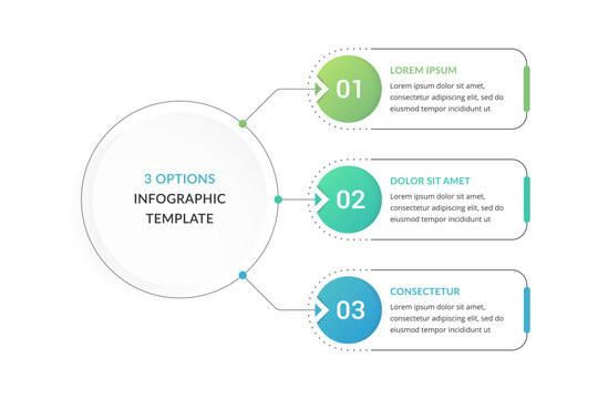 Infographic template with a central circle branching into three numbered nodes and text panels