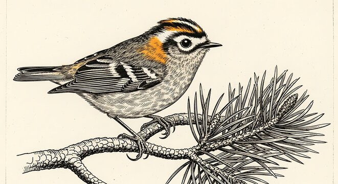 Detailed Engraving of a Small Songbird Perched on a Pine Branch