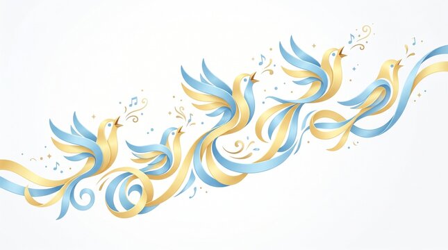 Pastel Yellow and Sky Blue Ribbon Chain Forming Singing Bird Loops Symbolizing Joyful Freedom and Bright New Beginnings