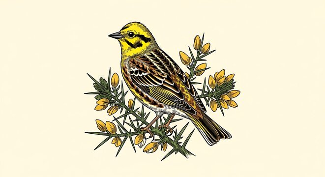 Beautiful Hand-Drawn Illustration of a Yellowhammer Bird Perched on Gorse Bush Branch