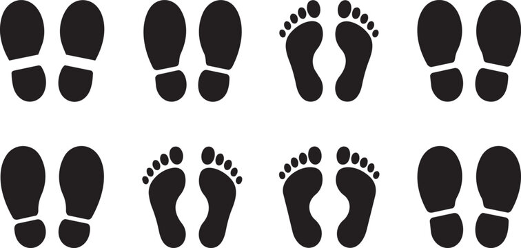 Shoe footprint. Human barefoot beach track, female and baby feet footmark. Footwear and sneakers footsteps, lady foot outline imprint. Vector isolated set. Black sole silhouette trail walking steps.