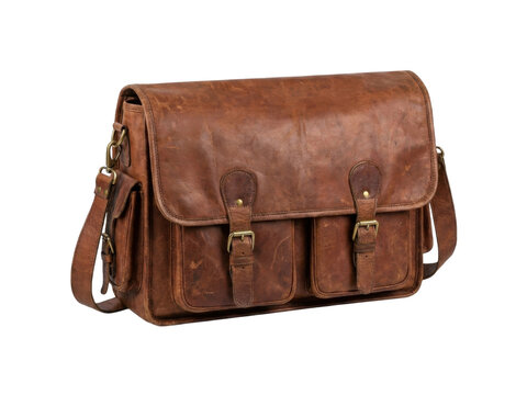 Vintage brown leather messenger bag with strap and buckle closures