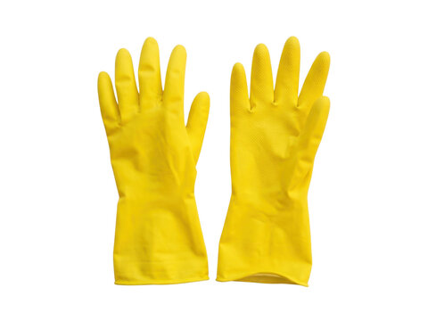 Pair of bright yellow single-use protective cleaning gloves isolated on Transparent Background