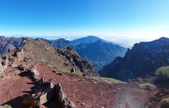 Roque de los Muchachos at La Palma Canary Islands, with Ridges and Distant Peaks Under Clear Sky
