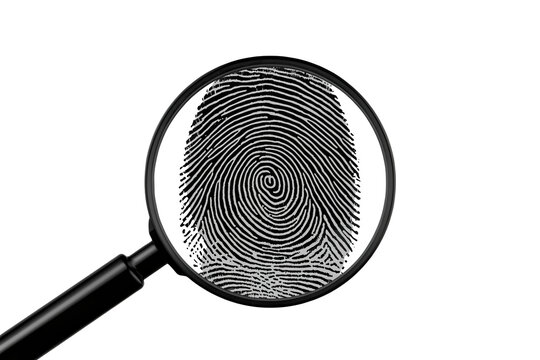 Black magnifying glass displaying fingerprint pattern