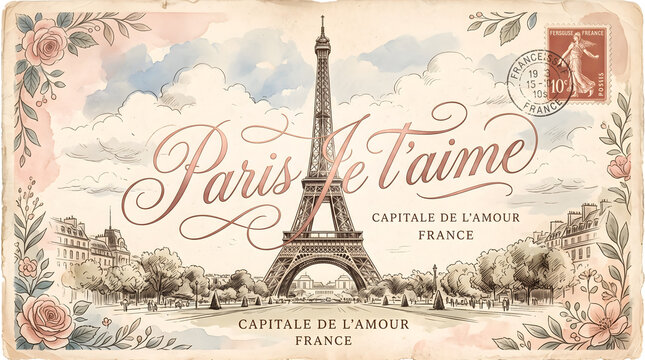 Eiffel tower illustration featuring artistic Paris je taime calligraphy with vintage paper texture soft floral accents and classic postal markings creating romantic aesthetic design perfect for travel