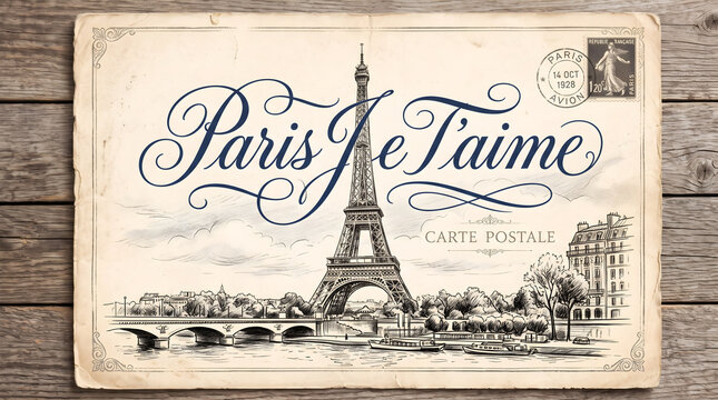 Elegant vintage postcard featuring the iconic Eiffel Tower sketch with handwritten calligraphy saying Paris Je Taime set against a rustic wooden background surface that captures classic French romance