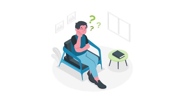 Confused man sitting in armchair thinking about many questions appearing in this animated video motion clip for business digital presentations
