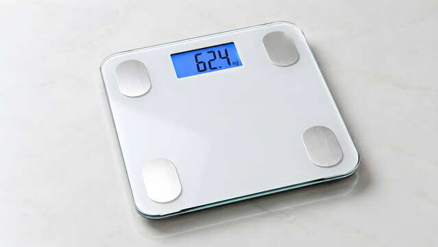 Modern electronic digital bathroom scale with blue illuminated lcd screen on a white floor blue light body weight self care electronic measurement healthcare wellness lifestyle monitoring