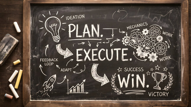 Business strategy flowchart drawn with white chalk on a rustic dark wooden blackboard showing clear steps from initial ideation to execution then finally achieving victory with success and growth 