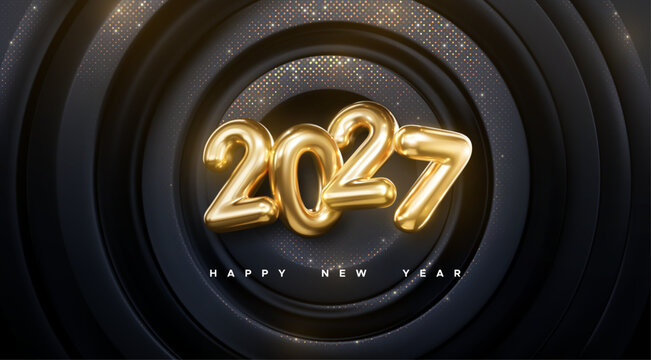 Happy New 2027 Year. Vector holiday illustration of golden numbers 2027 on black radial background textured with gold shiny glitters