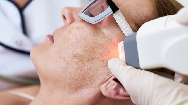 Close-up of IPL phototherapy applied to facial pigmentation near the temple while woman wears protective glasses, illustrating professional skin rejuvenation treatment