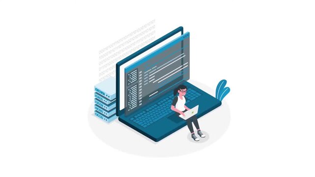Programmer sitting on a large laptop display writing digital code in this creative isometric animation motion footage for technology presentations