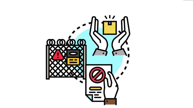 Icon concept border perimeter security, with a fence and warning signs, controlling trade package delivery and regulating entry, exit, document passage, and customs