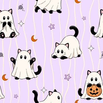 Cute Halloween ghost cat seamless pattern with playful black cats dressed as ghosts, pumpkins, stars, moons and spooky details on a lavender background