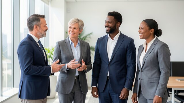 diverse group portrait of four business experts collaborating in bright modern office setting conveying trust and financial security for corporate needs