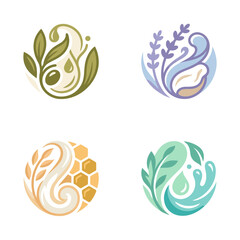 Fototapeta premium Circular icons display various natural ingredients including olive oil with leaves, lavender with a liquid swirl, honey with wheat, and a water splash with leaves, each with a distinct color palette.
