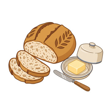 Artisanal Sourdough Bread Loaf and Butter Flat Vector