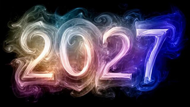 Vibrant colorful smoke transitions with year 2027 in dynamic animation