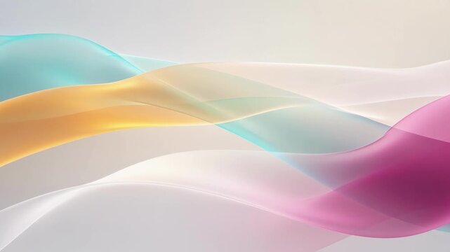 Abstract flowing pastel waves overlap in cyan, gold, pink, and white on a gray background, creating a modern concept of harmony