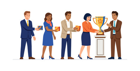 Obraz premium Diverse group of business people celebrating success with trophy award.
