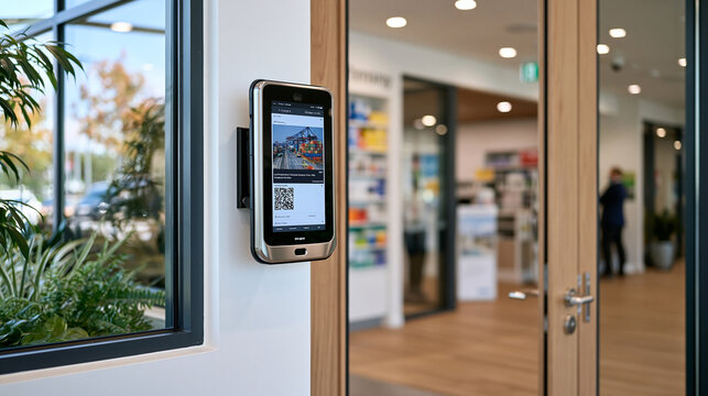 A single barcode scanner mounted beside a hospital pharmacy window displays port container tracking data on its small screen, the clinical detail framing a loss prevention audit scene where medicati
