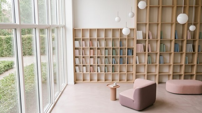 Minimalist pink reading lounge with cubby bookshelf and garden view