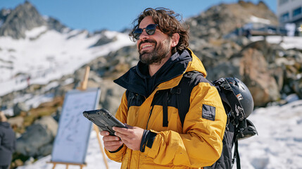 Fototapeta premium A snowboard instructor stands alone under harsh midday sun on a dry slope summer training facility reviewing a student's technique on a rugged tablet his helmet clipped to a backpack and a whiteboar