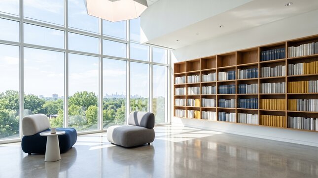 Modern library lounge with navy chairs overlooking city skyline