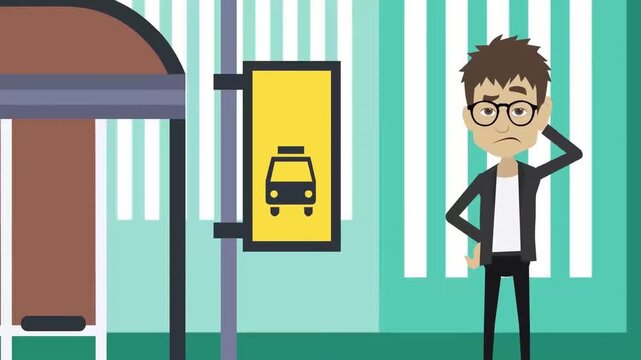 Confused man waiting for bus animation footage showing character standing at stop sign feeling frustrated by daily commute travel delays