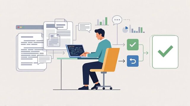 Man working on laptop with document review process animation